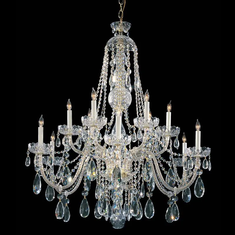 12 Light Polished Brass Crystal Chandelier Draped In Clear Swarovski Strass Crystal - C193-1114-PB-CL-S