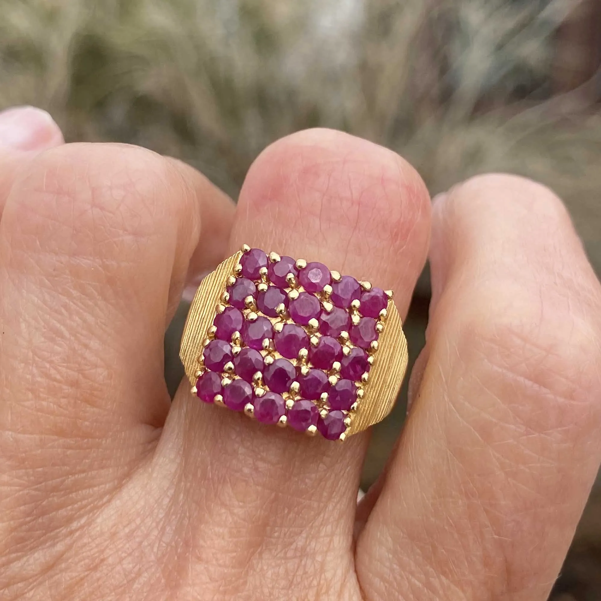 14K Gold Checkerboard Five Row Ruby Cluster Ring