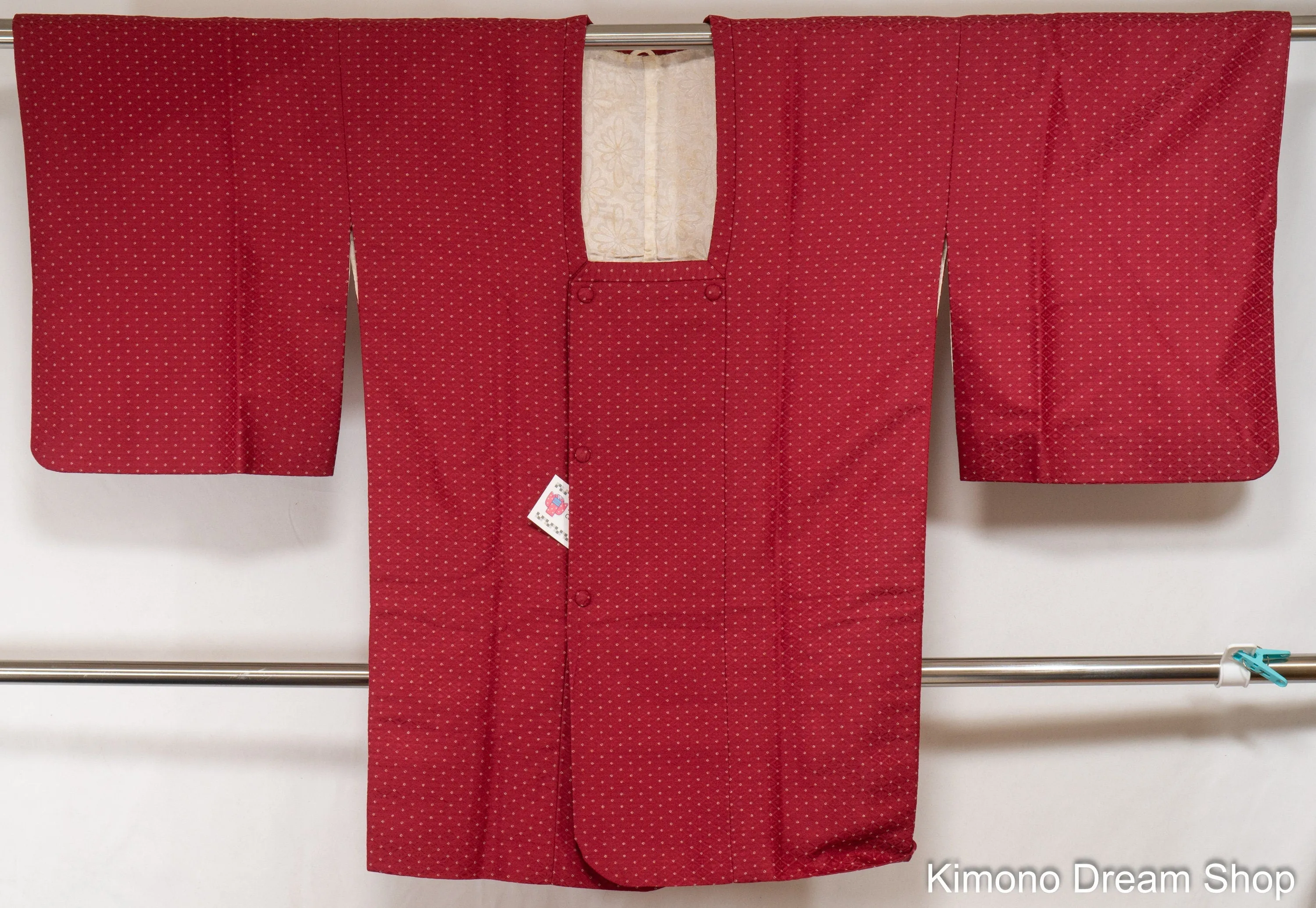 1960s Silk Michiyuki with Woven Kanoko Spots - Red & White Japanese Women's Kimono Jacket with Pocket - Hishi Diamonds Leaves - Mother's Day