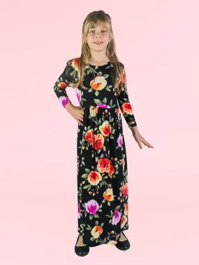 24seven Comfort Apparel Girls Floral Pleated Waist Maxi Dress Machine Washable