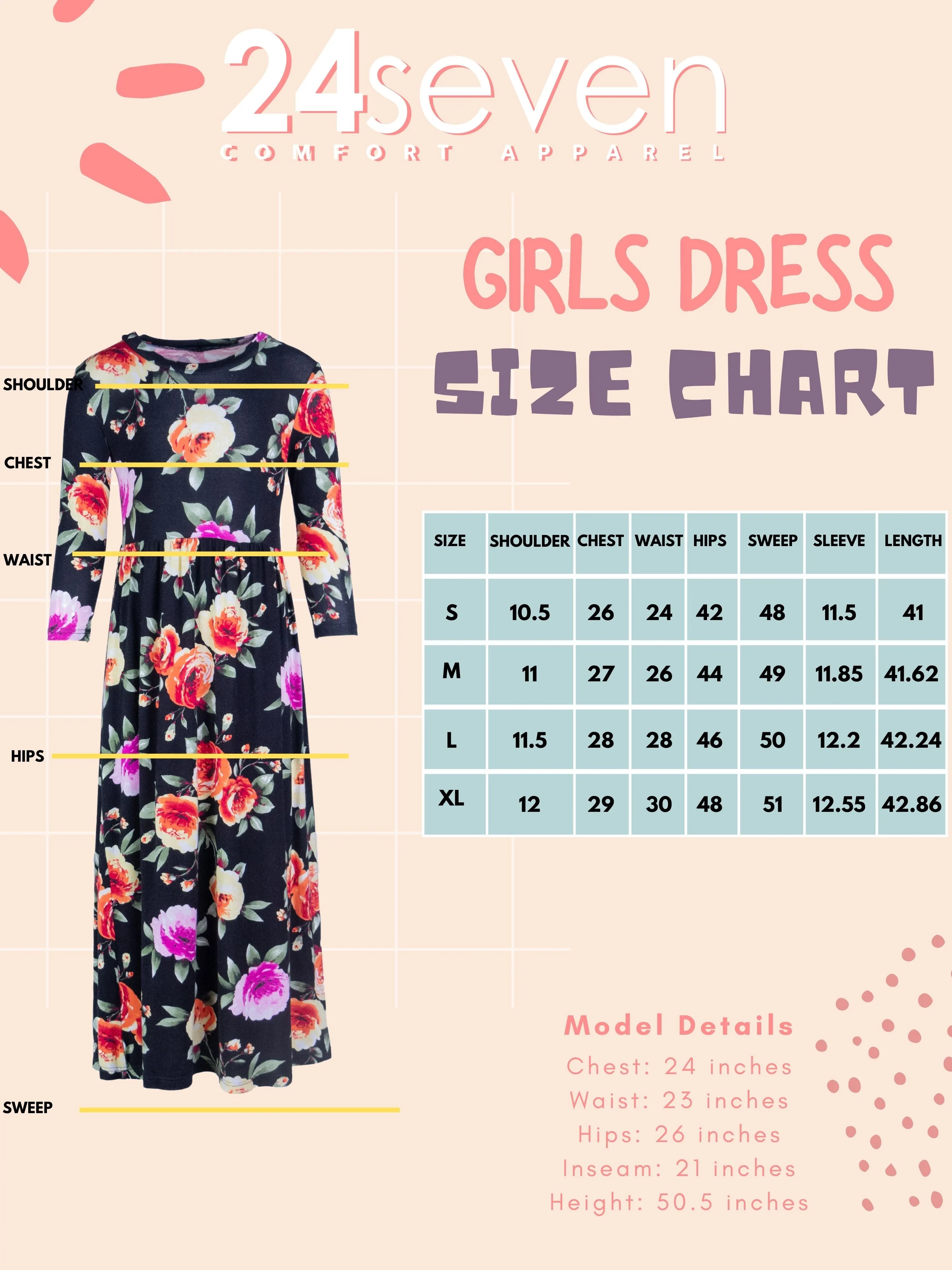 24seven Comfort Apparel Girls Floral Pleated Waist Maxi Dress Machine Washable