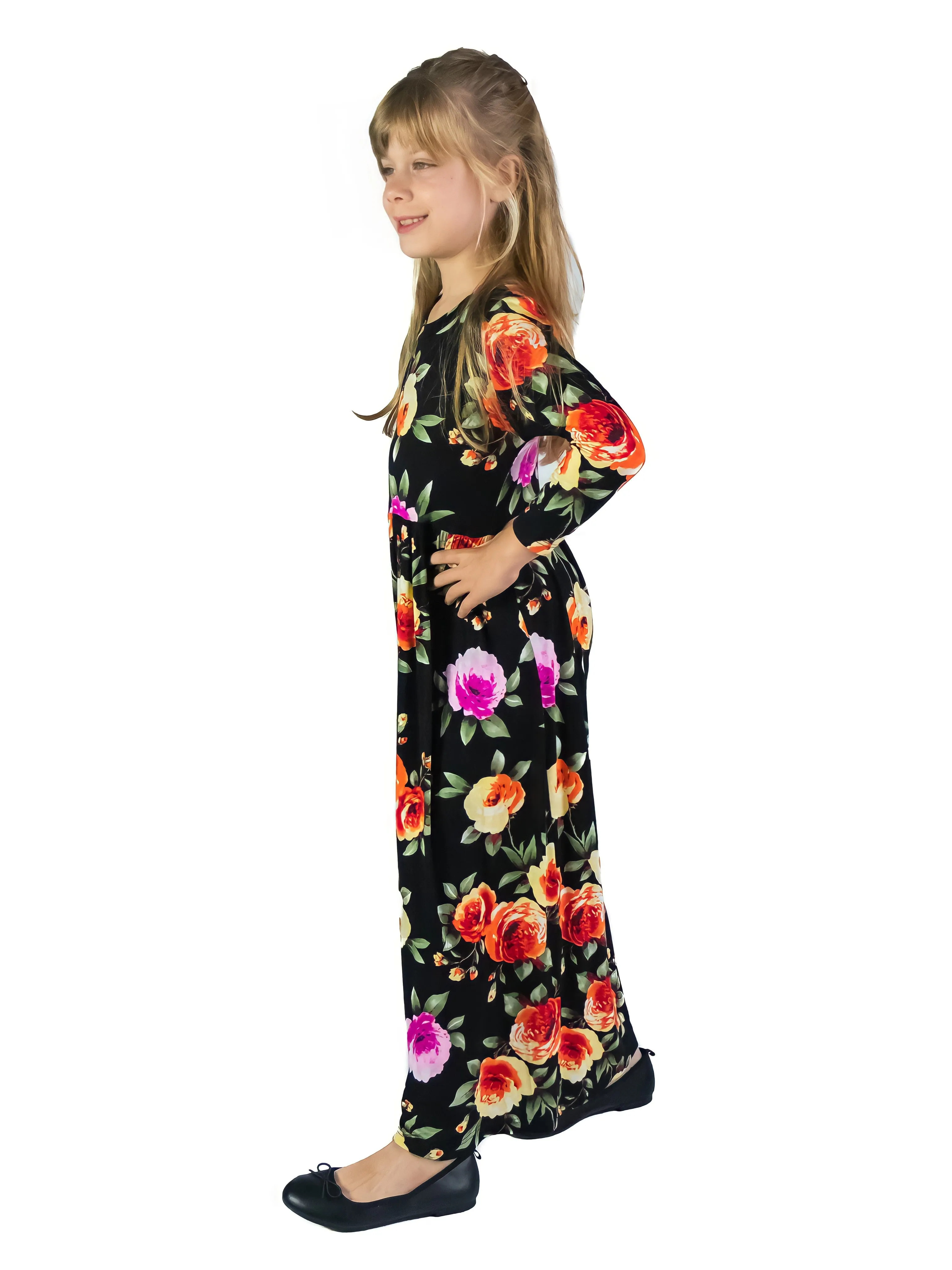 24seven Comfort Apparel Girls Floral Pleated Waist Maxi Dress Machine Washable