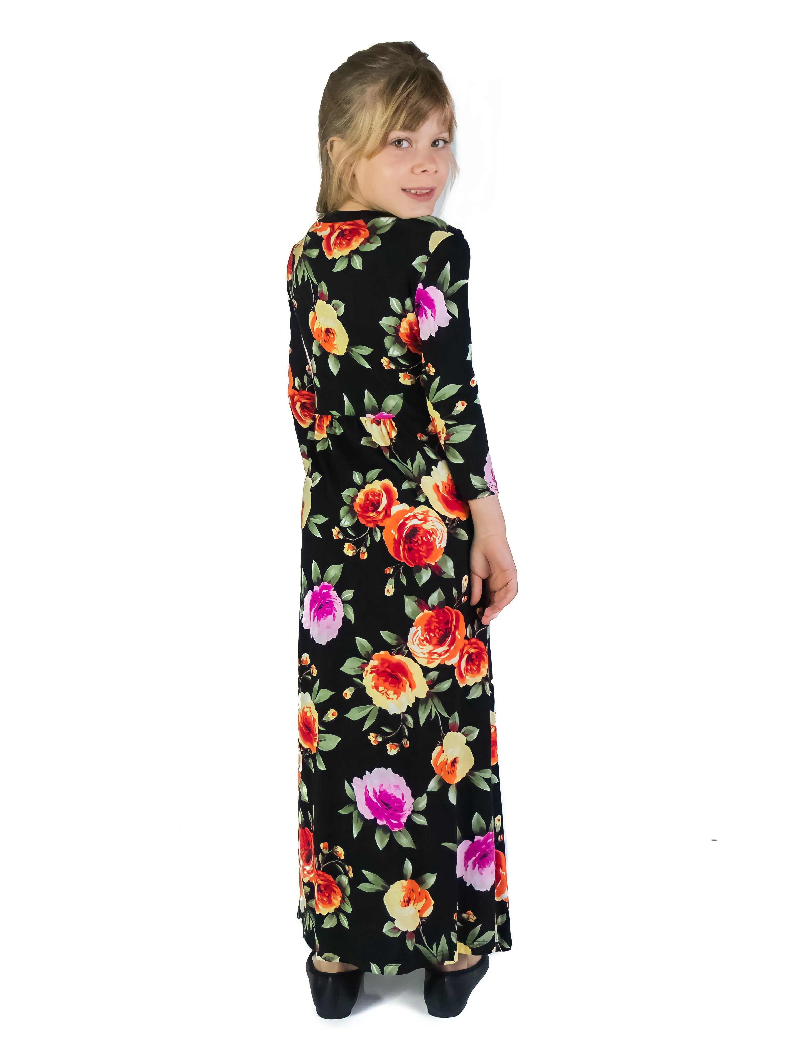 24seven Comfort Apparel Girls Floral Pleated Waist Maxi Dress Machine Washable