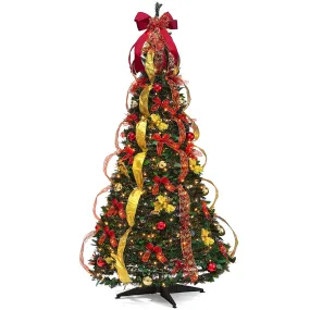 6 Ft Pre-Decorated Christmas Pop Up Tree With Lights And Decorations, Red