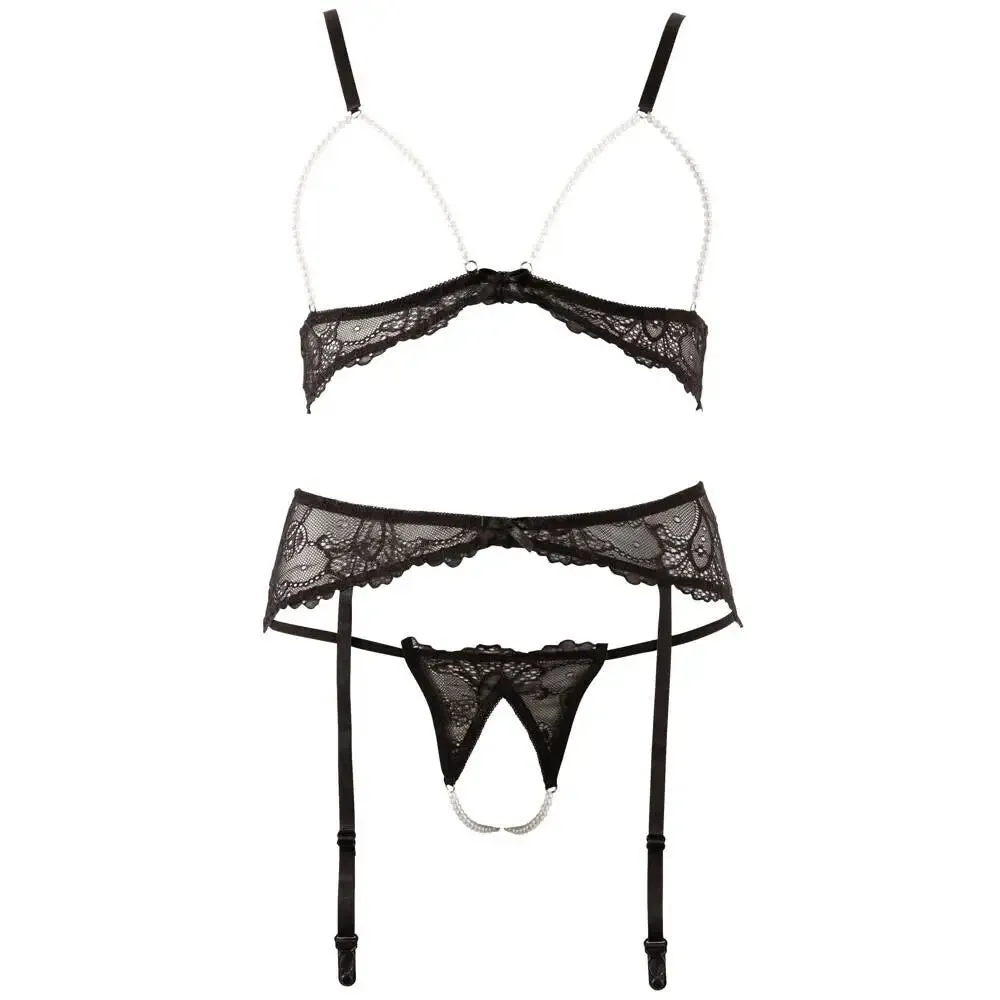 Abierta Fina Black Pearl Bra Suspender and String