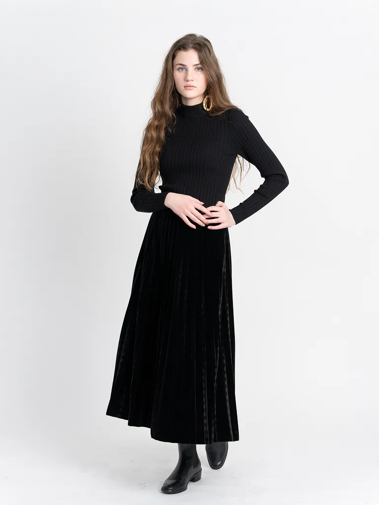 Accordian Pleated Velour Midi Skirt