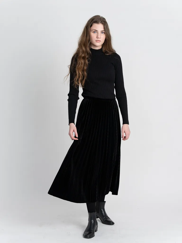 Accordian Pleated Velour Midi Skirt