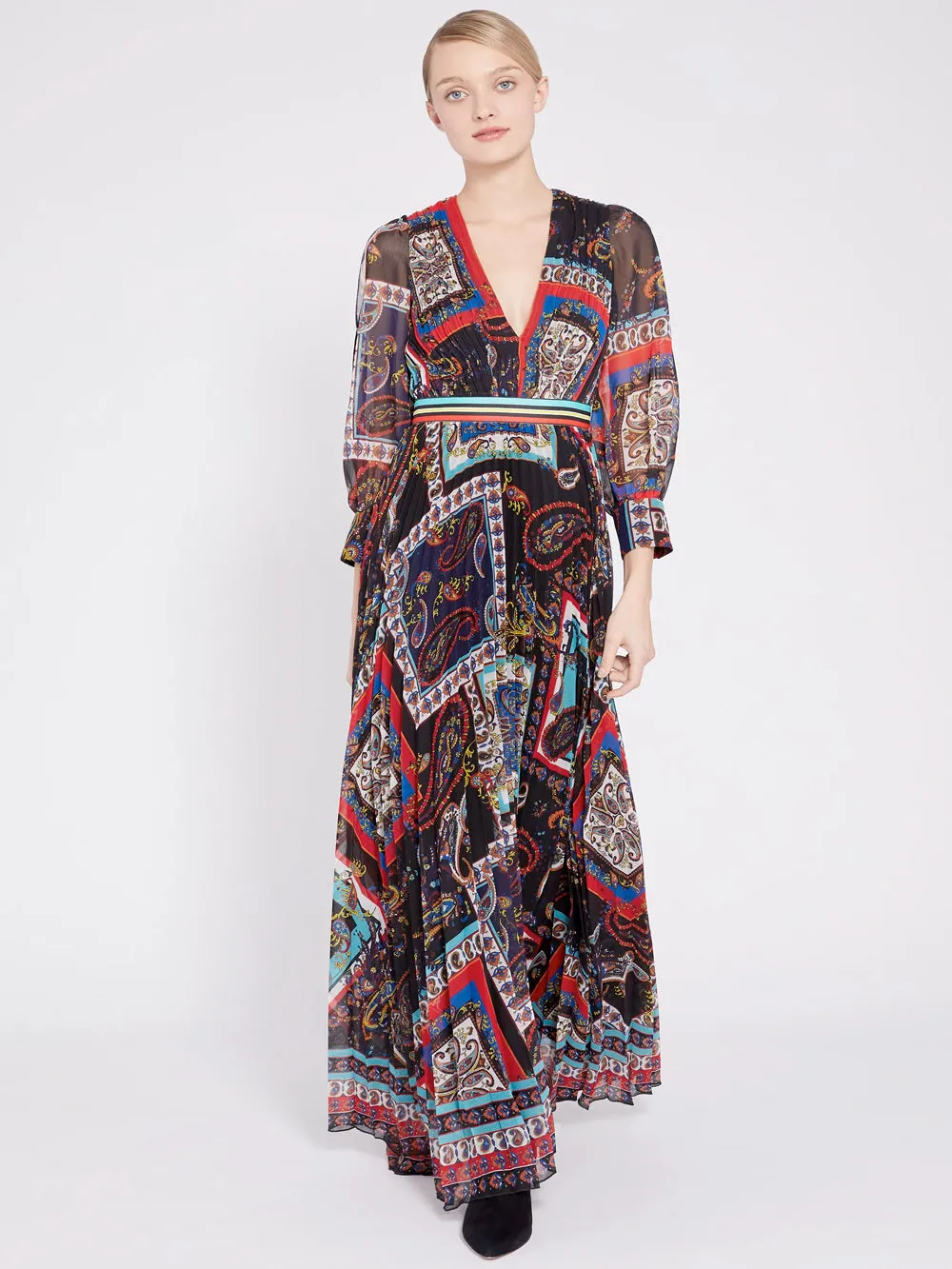 Alice   Olivia - Cheney Slit Sleeve Pleated Dress in Royalty Paisley