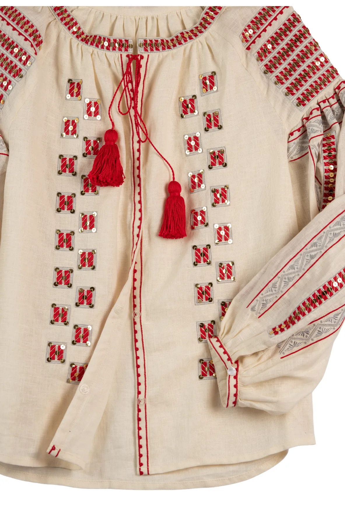 Anishka Embroidered Ukrainian Top - Ivory, Red, Silver by Larkin Lane