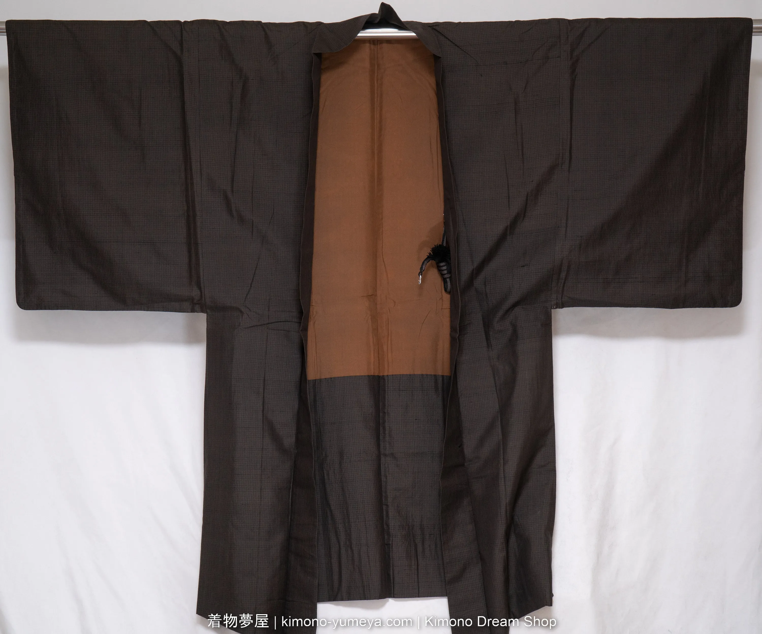 Antique Black & Brown Men's Haori - Early 1900s Silk Kimono Jacket - Tsumugi Woven Striped Koushi Pattern - Includes Himo