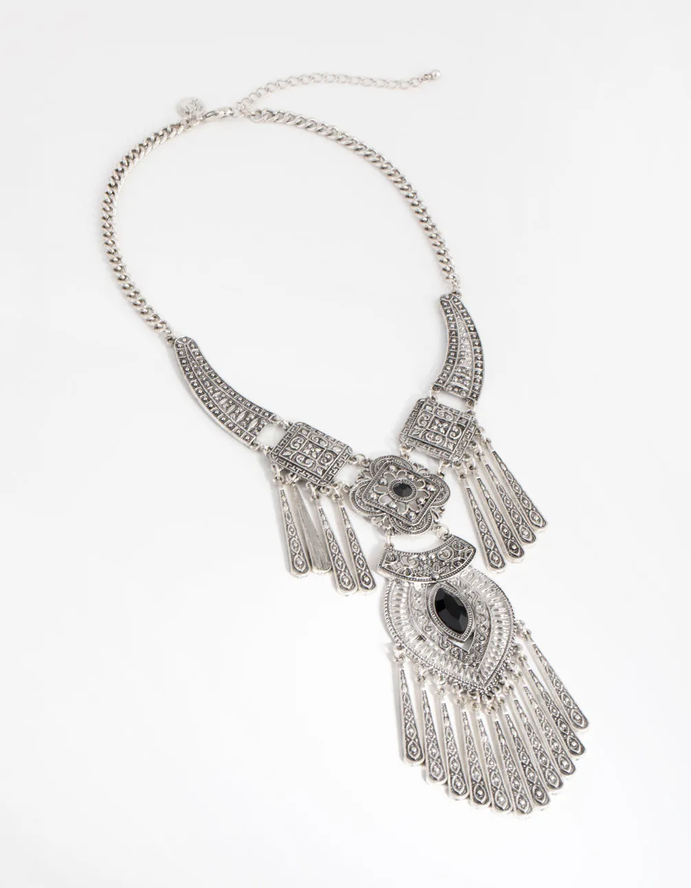 Antique Silver Metal Tassel & Diamante Necklace