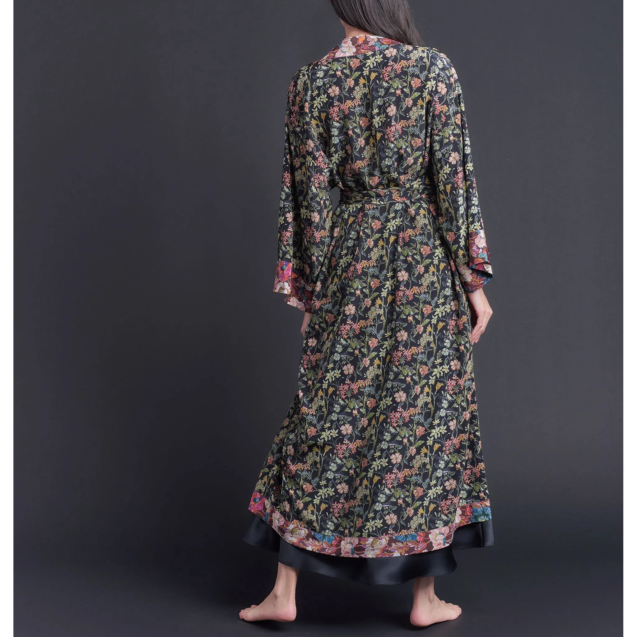 Asteria Kimono Robe in Liberty of London Black Lockwood Print Silk Crepe De Chine