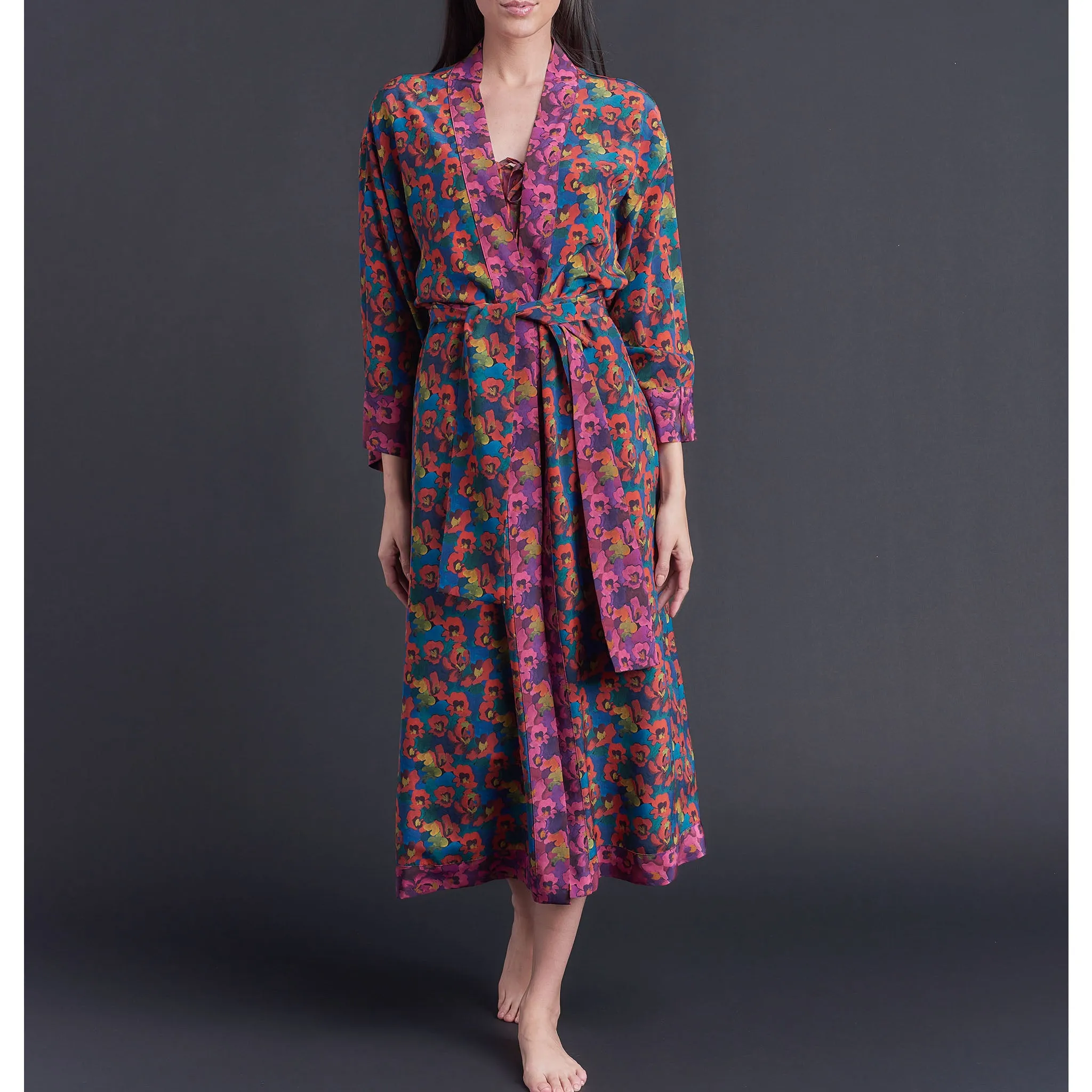 Asteria Kimono Robe in Orange Blue Gemma Rose Liberty of London Print Silk Crepe De Chine