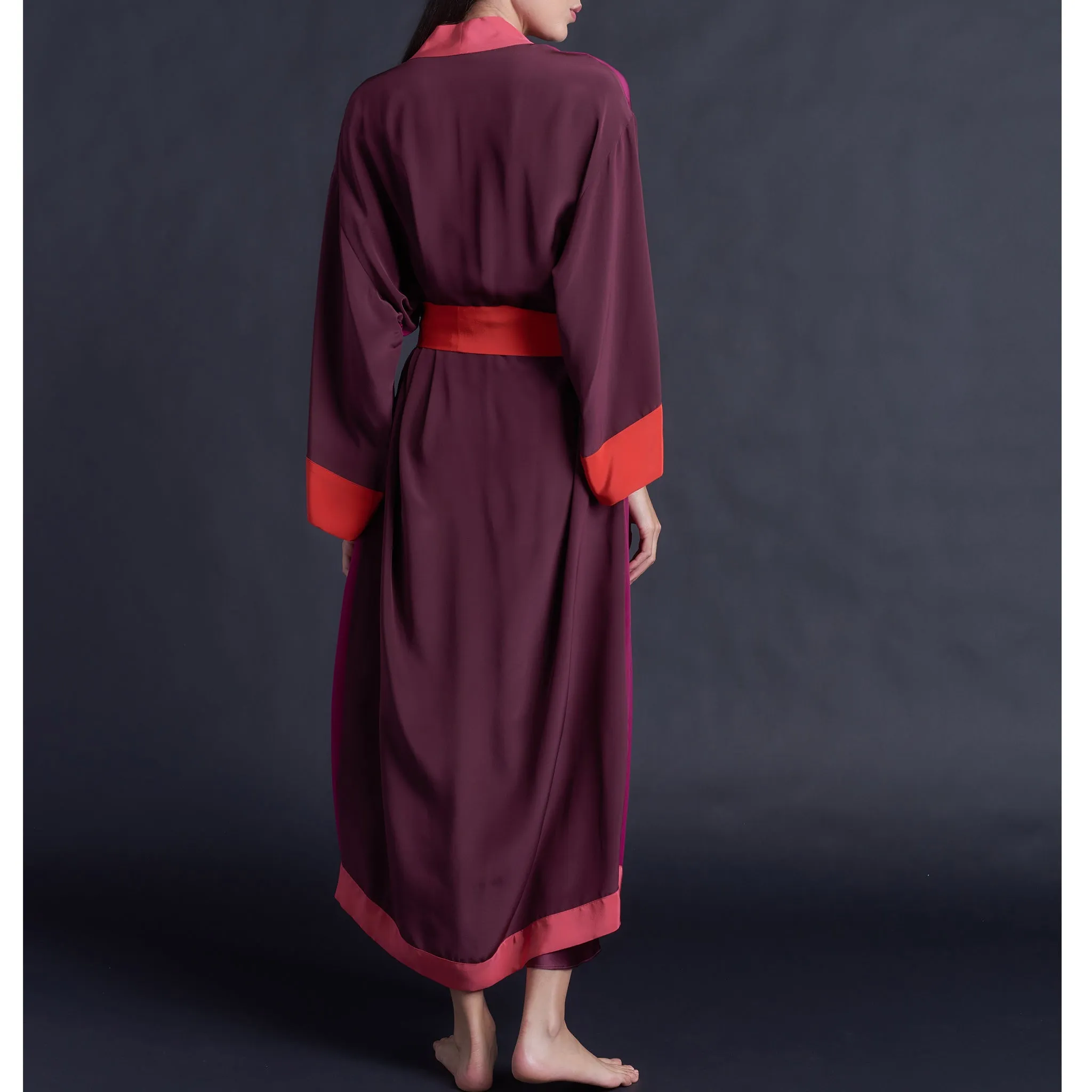 Asteria Kimono Robe in Silk Crepe De Chine Colorblock Reds