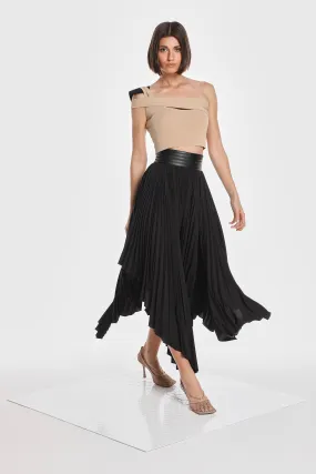 ASYMMETRIC PLEATED SKIRT W/ VEGAN LEATHER WAIST