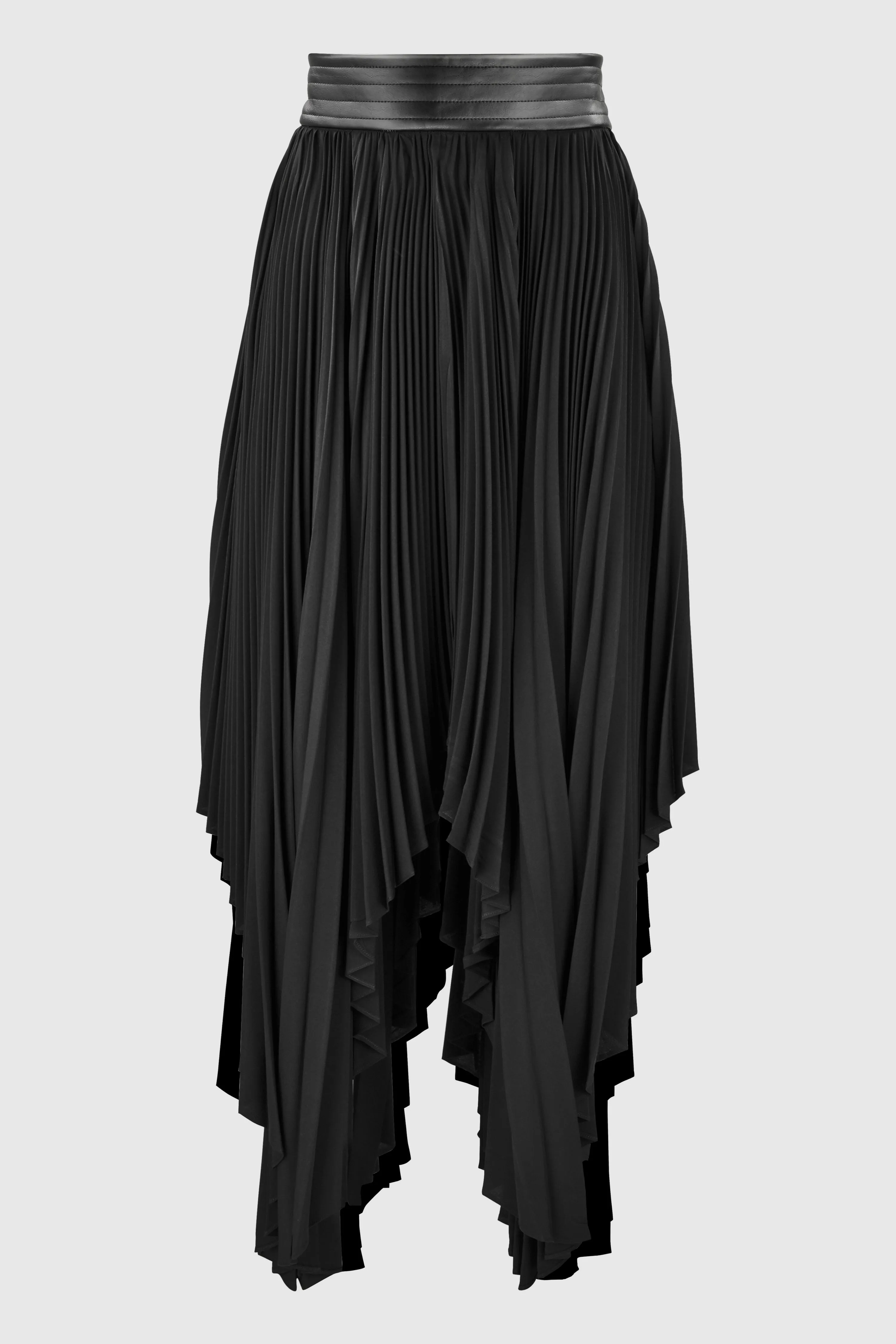 ASYMMETRIC PLEATED SKIRT W/ VEGAN LEATHER WAIST