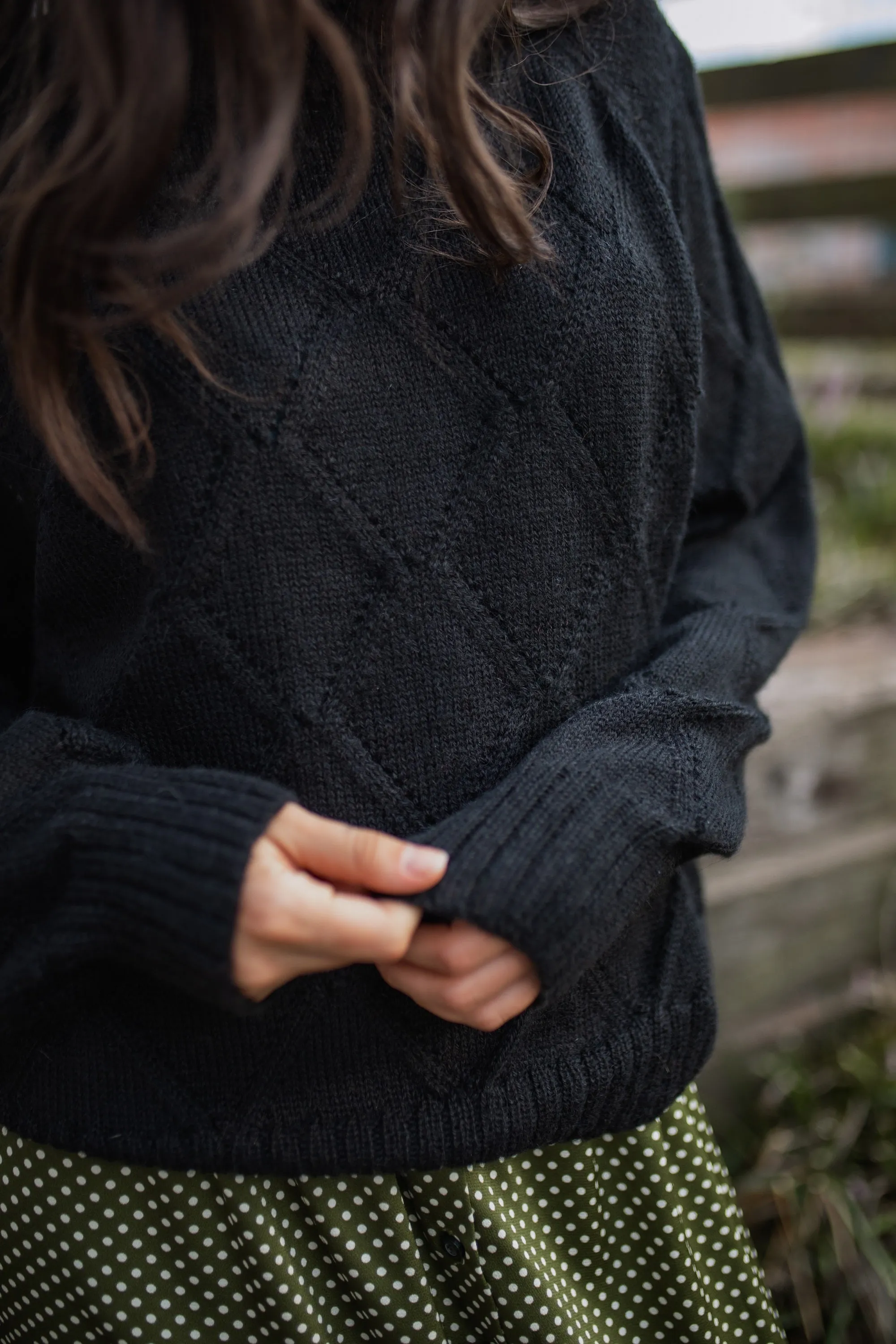 Baby Alpaca Lace Knit Mock Pullover in Black - Pre-Order 2/30