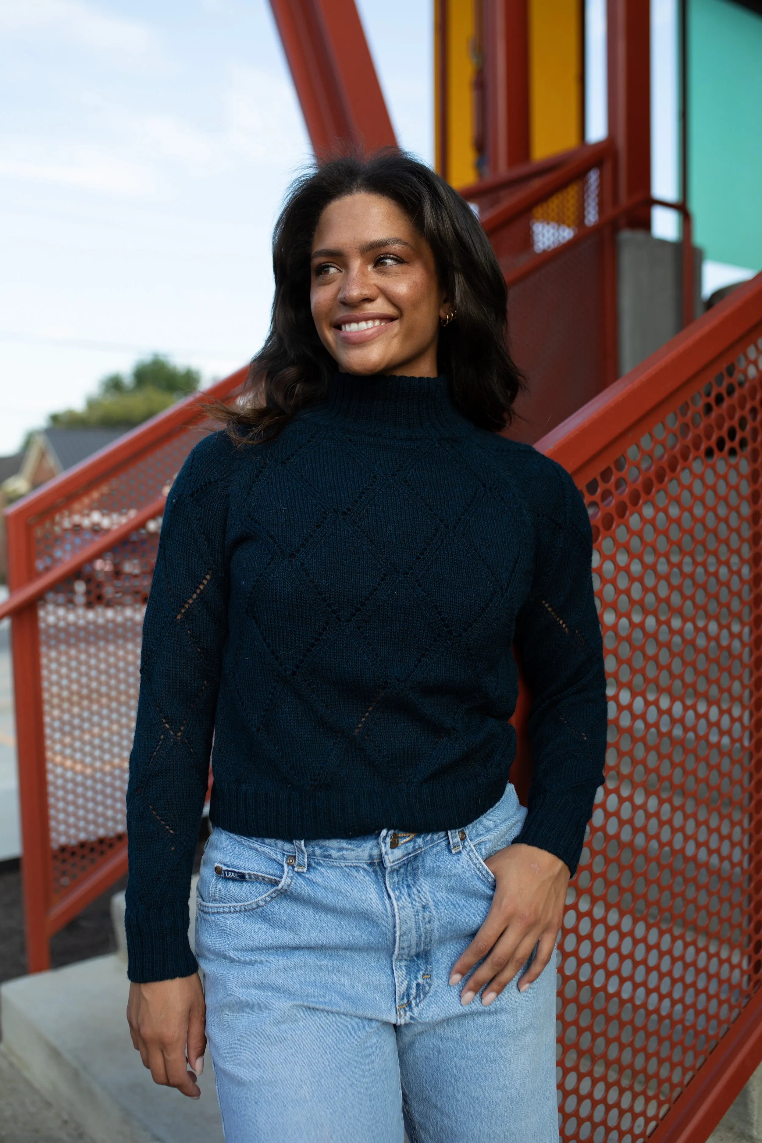 Baby Alpaca Lace Knit Mock Pullover in Navy - Pre-Order 2/30