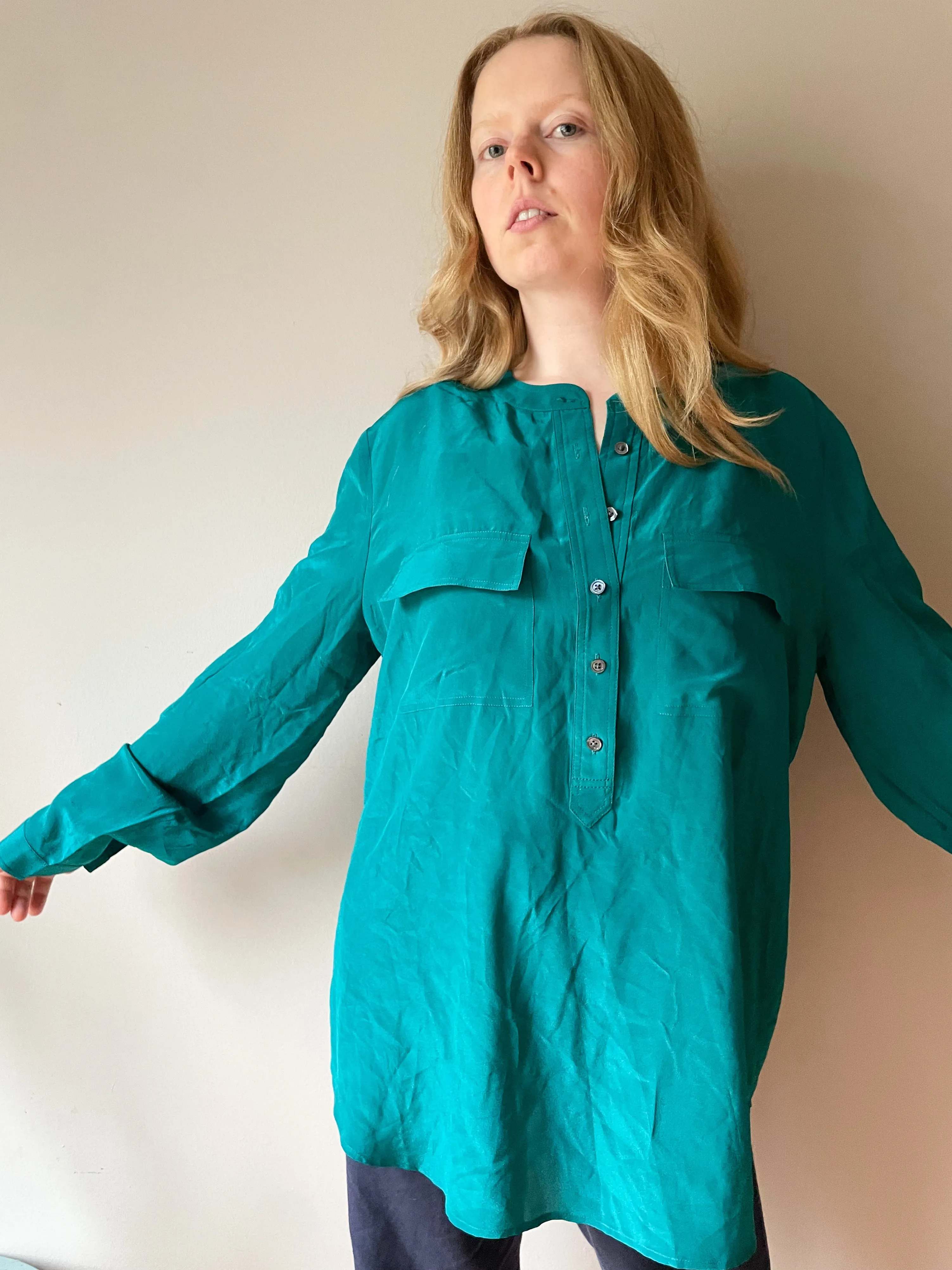 Banana Republic Teal 100% Silk Tunic Button Front Top - XL