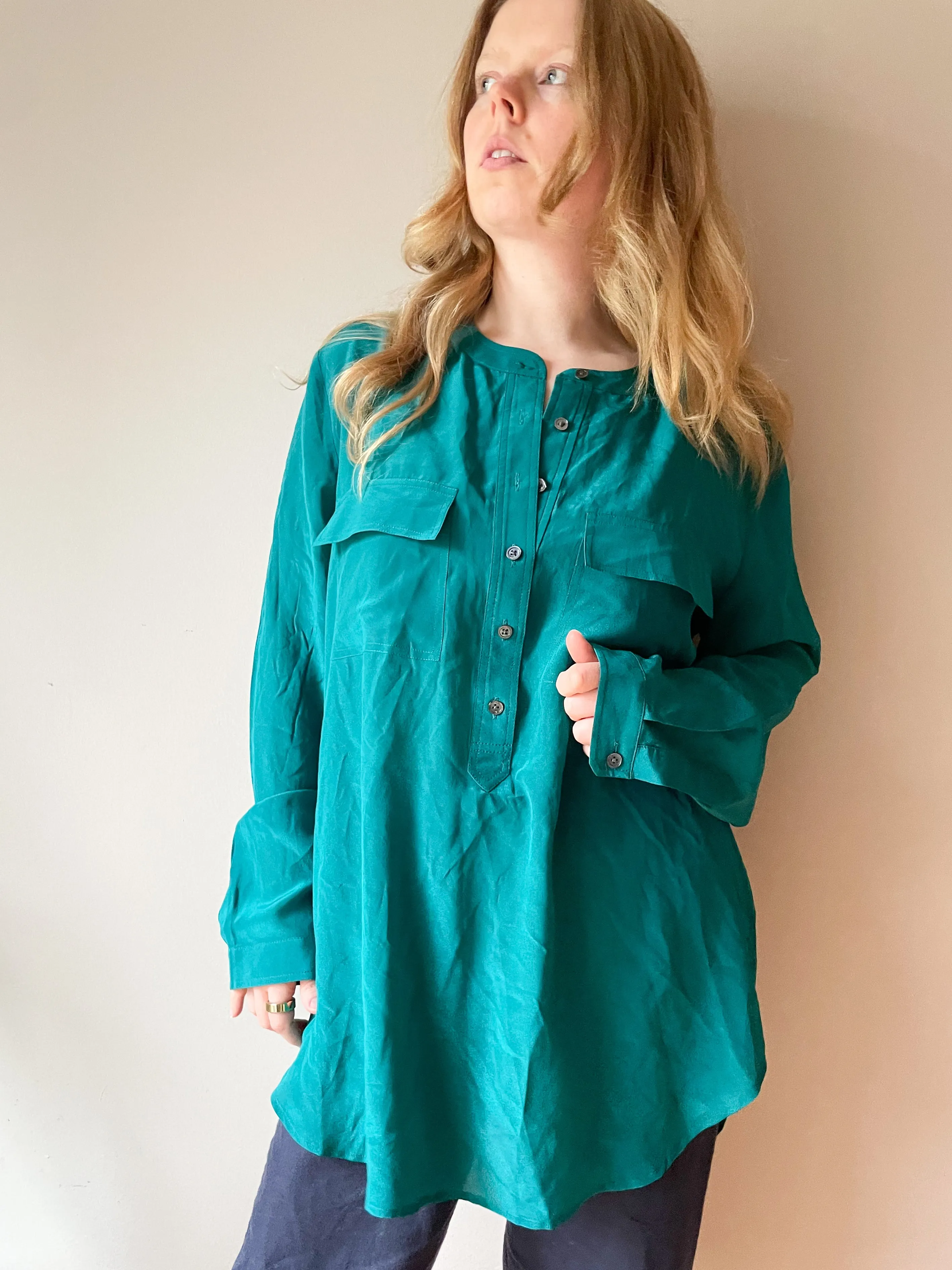 Banana Republic Teal 100% Silk Tunic Button Front Top - XL