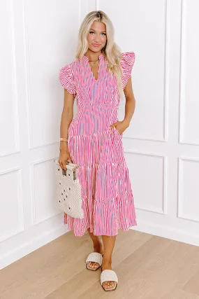 Bayside Brunch Stripe Midi in Hot Pink