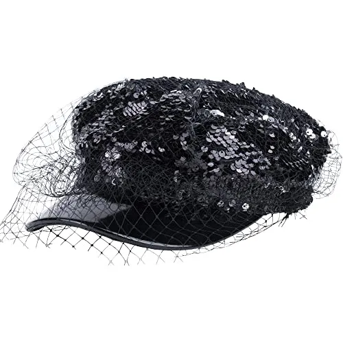 Beret Hats for Women PU Leather Newsboy Fiddler Cap with Veil Casual Baker Boy Captain Hat