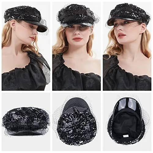 Beret Hats for Women PU Leather Newsboy Fiddler Cap with Veil Casual Baker Boy Captain Hat