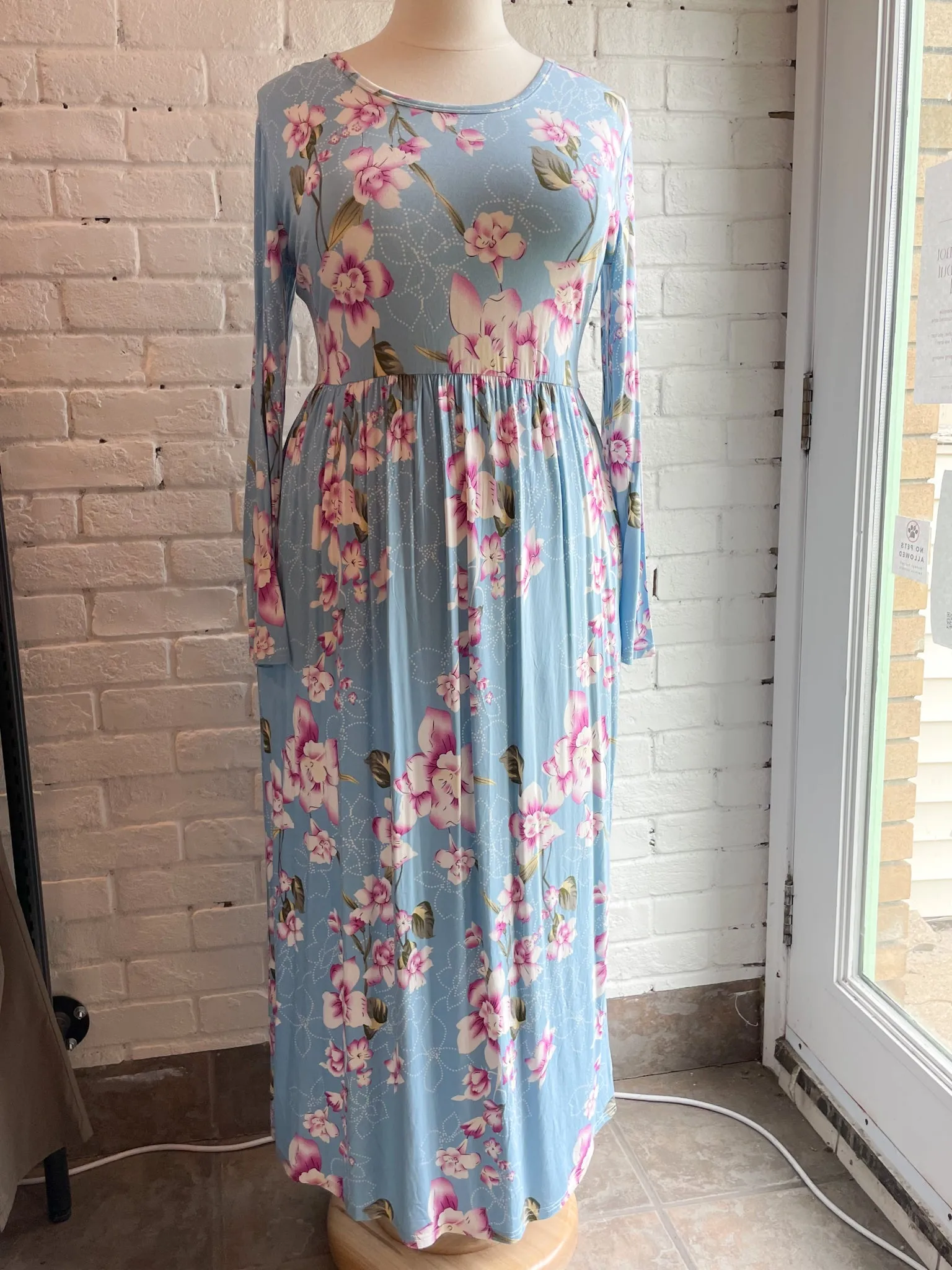 Bishuige Long Sleeved Sky Blue Floral Maxi Dress NWT - XL/2XL