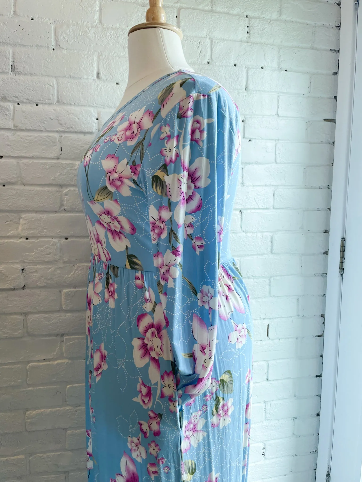 Bishuige Long Sleeved Sky Blue Floral Maxi Dress NWT - XL/2XL