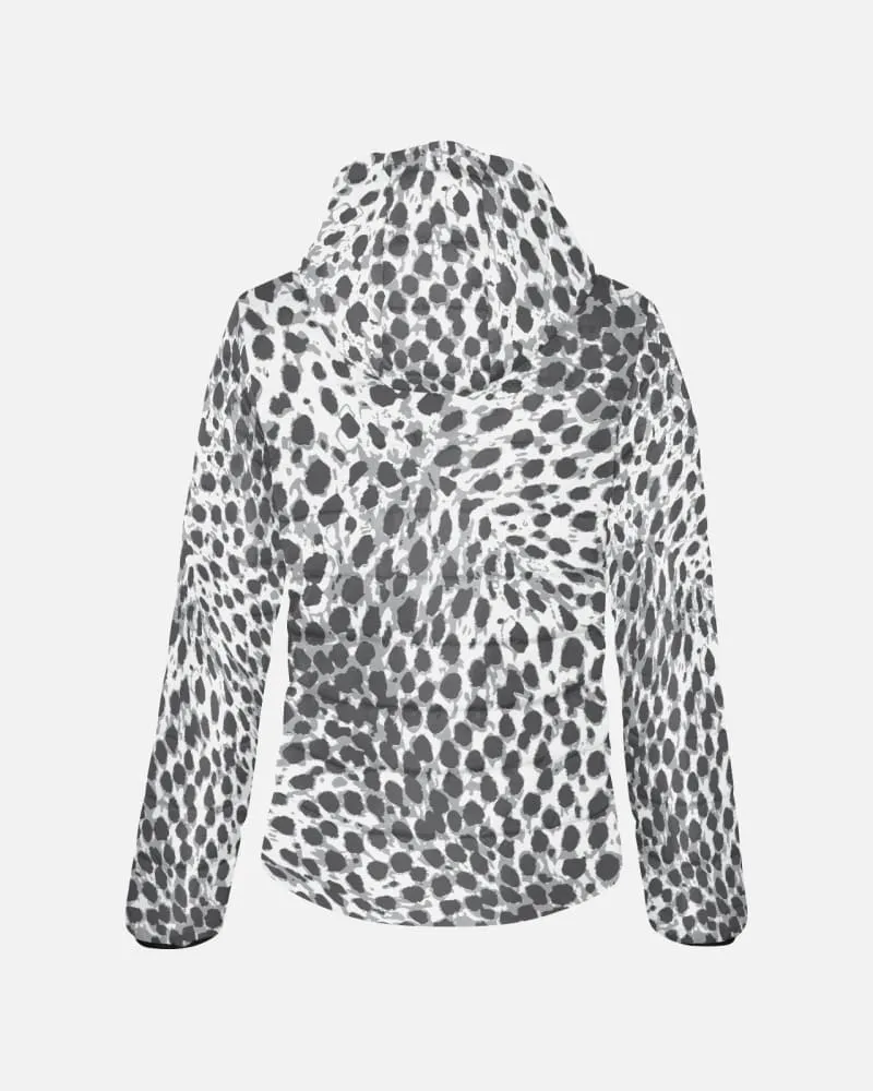 Black & White Leopard Print Womens Hooded Puffer Jacket