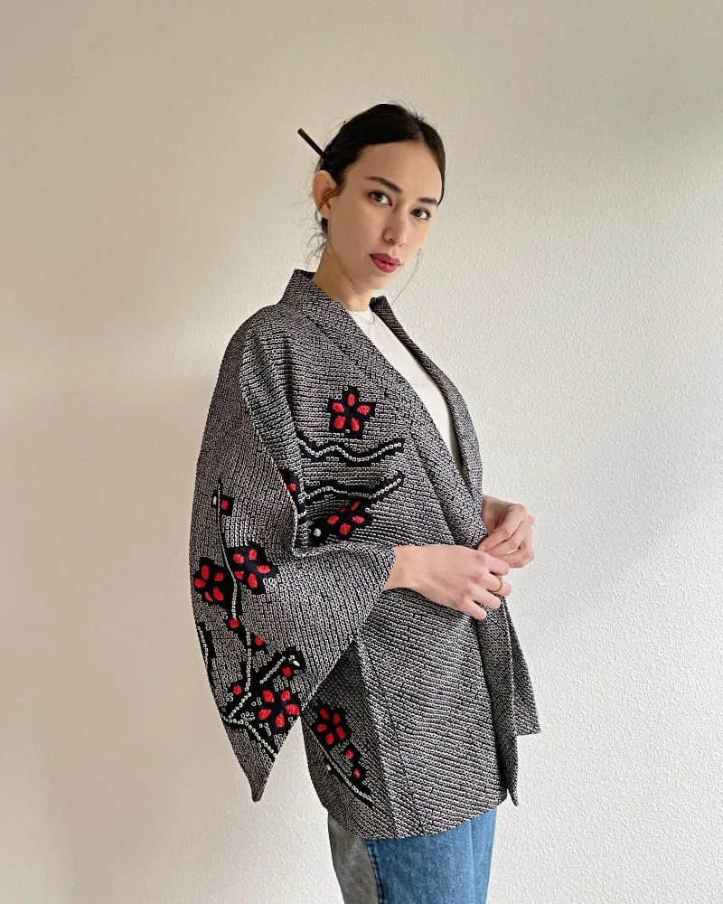 Black Cherry Blossom  Shibori Haori Kimono Jacket