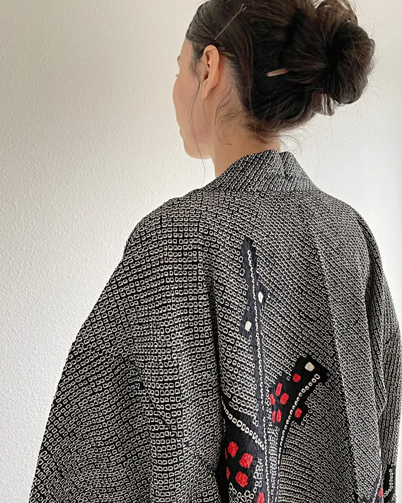 Black Cherry Blossom  Shibori Haori Kimono Jacket