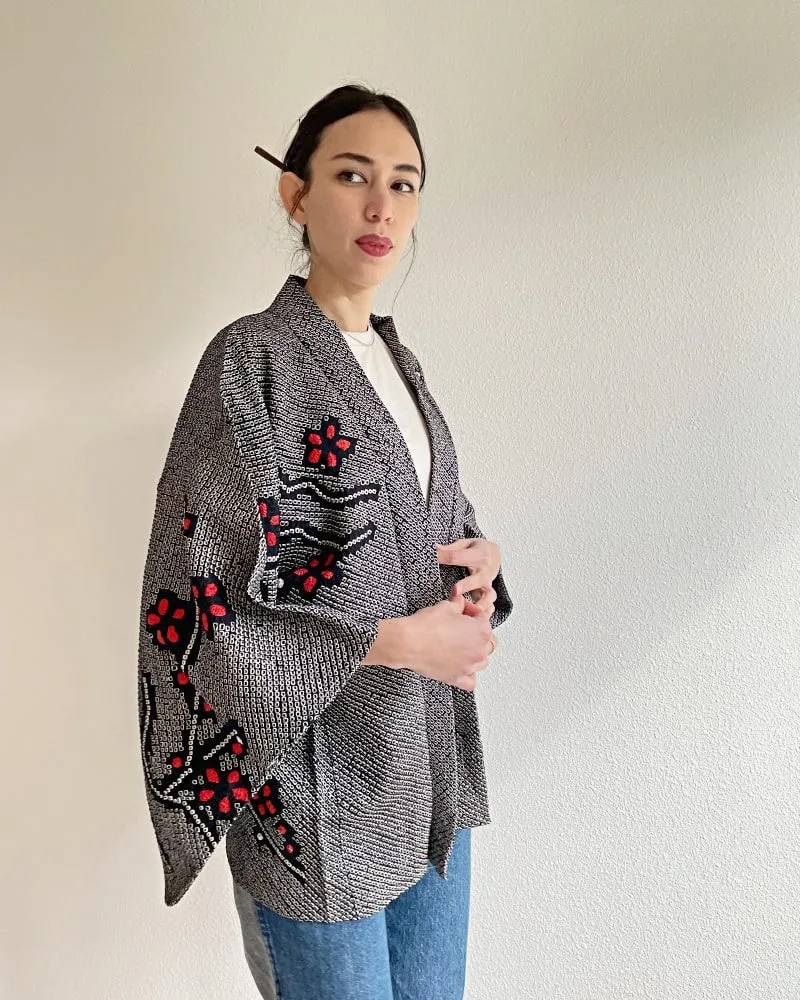 Black Cherry Blossom  Shibori Haori Kimono Jacket