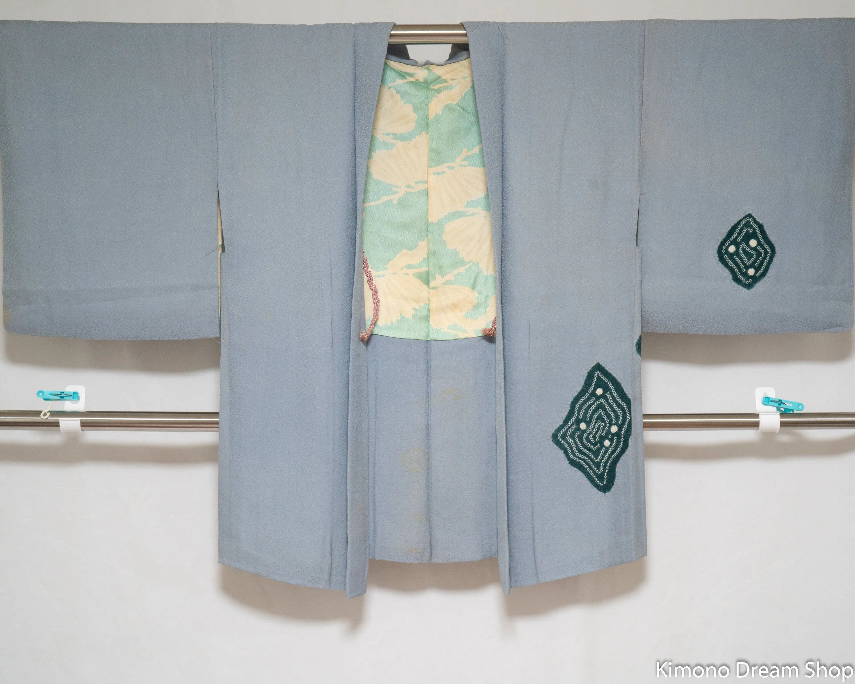 Blue Genuine Shibori Silk Haori - Vintage Kimono Jacket - Kanoko Deer Fawn Spots Diamond Shapes Chrysanthemum Flowers