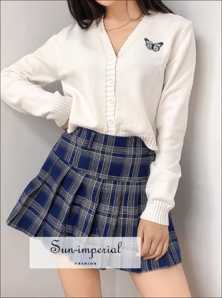 Blue High Waist Pleated Tennis Check Mini Skirt with Underpants