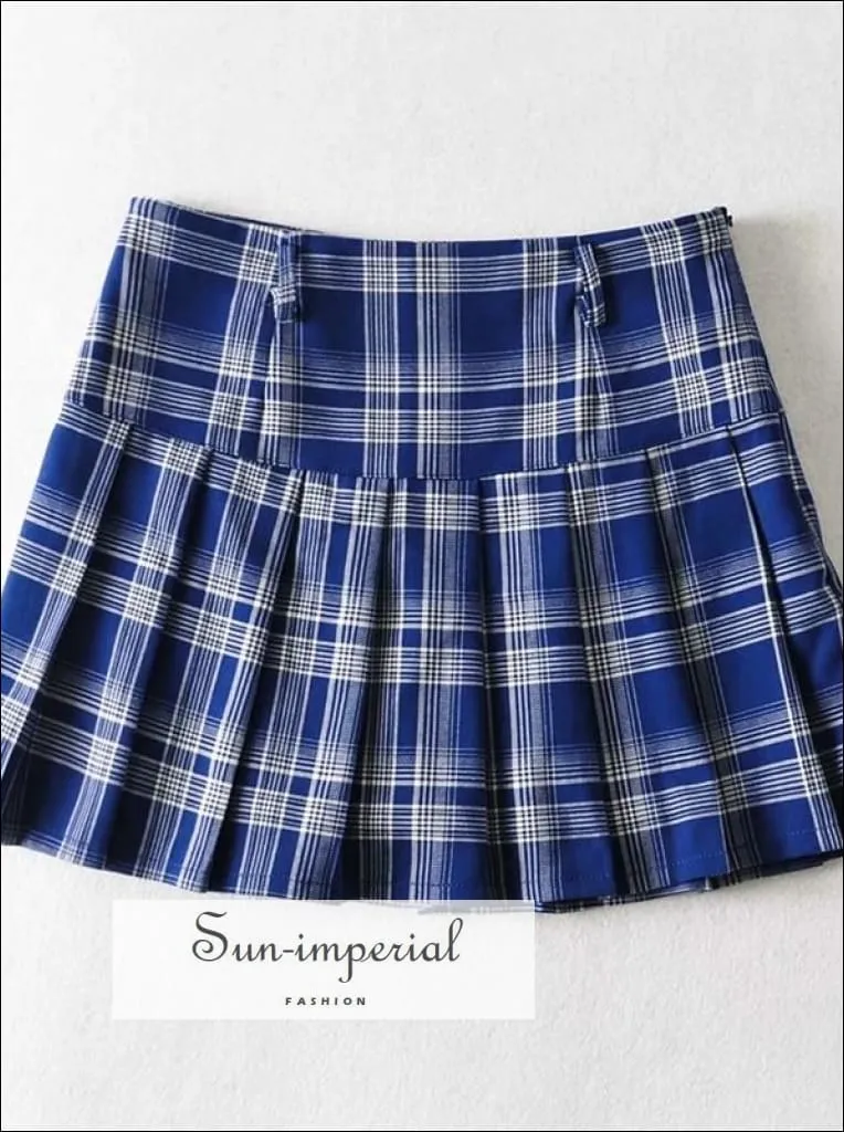 Blue High Waist Pleated Tennis Check Mini Skirt with Underpants