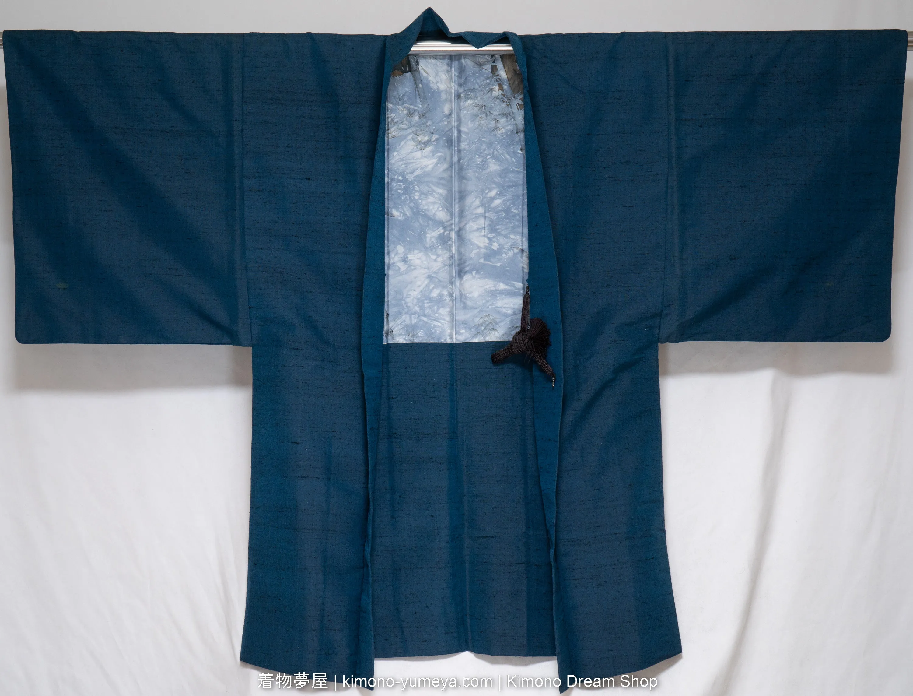 Blue Polyester Men's Haori - Faux Raw Silk Textured Male Kimono Jacket - Dragons on Lining - Traditional Japanese Clothing Online Store