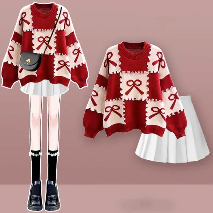 Bow Knot Print Sweater Plaid Pleated Skirt Set