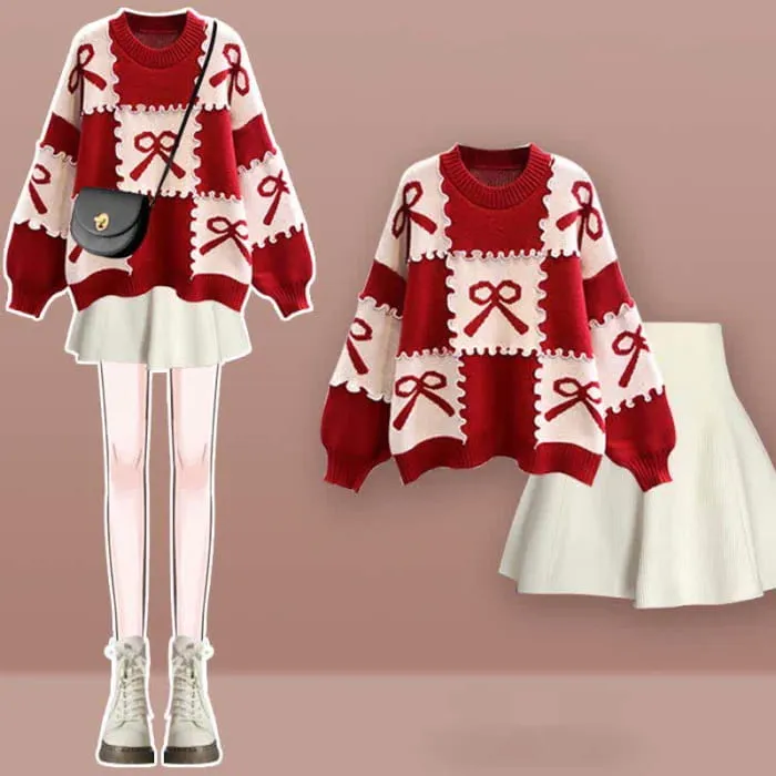 Bow Knot Print Sweater Plaid Pleated Skirt Set