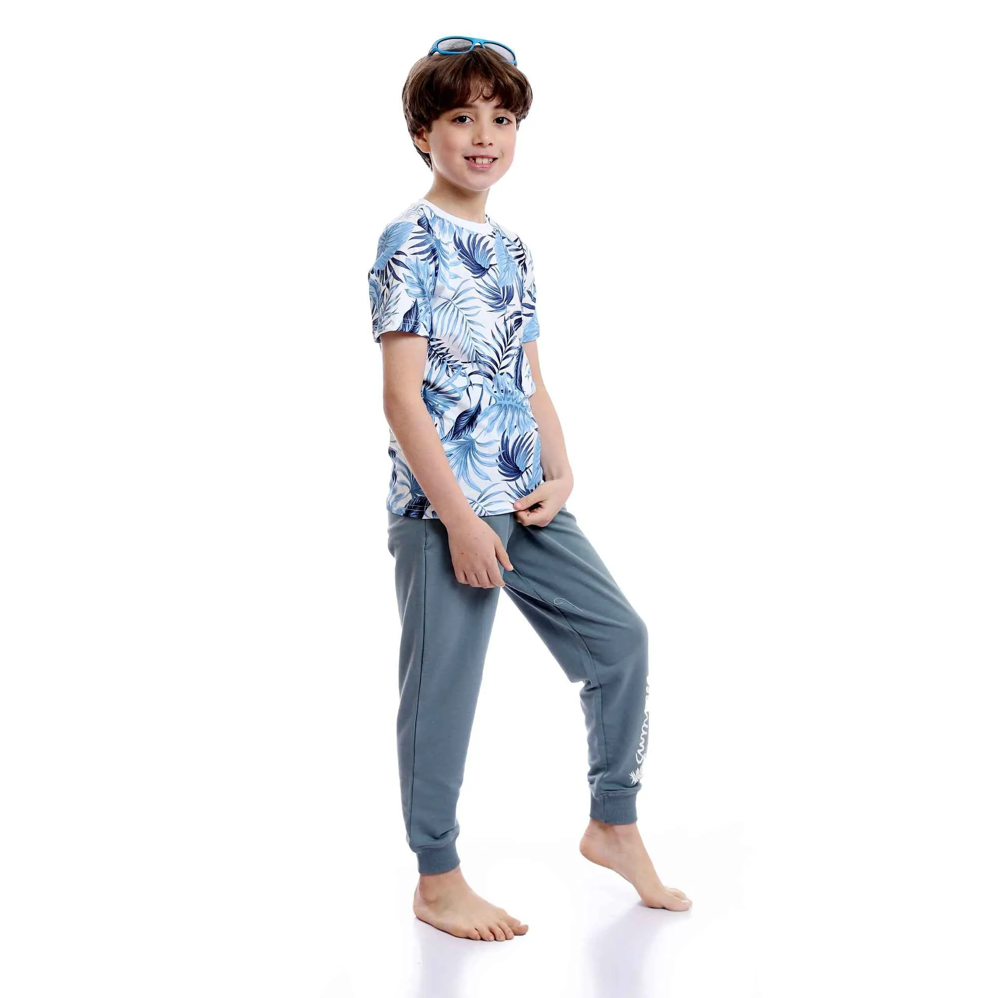 Boys Tropical Leaves Slip On Pants Pajama Set - Sky Blue & Dark Grey