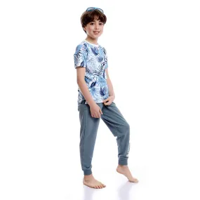 Boys Tropical Leaves Slip On Pants Pajama Set - Sky Blue & Dark Grey