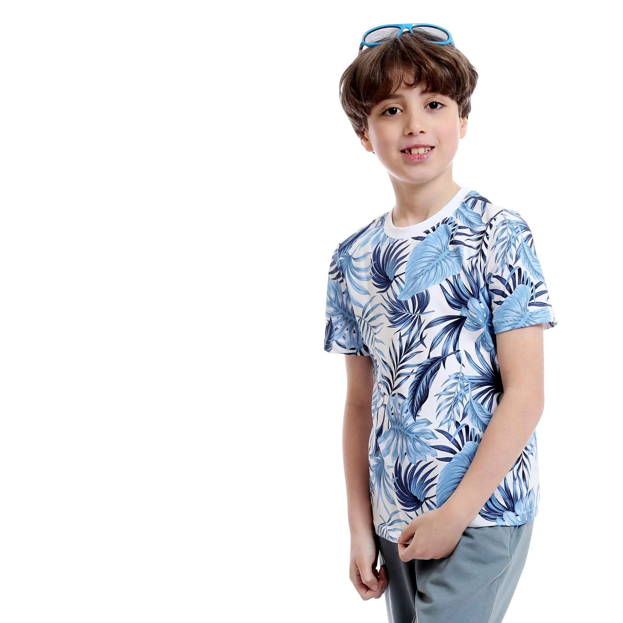 Boys Tropical Leaves Slip On Pants Pajama Set - Sky Blue & Dark Grey