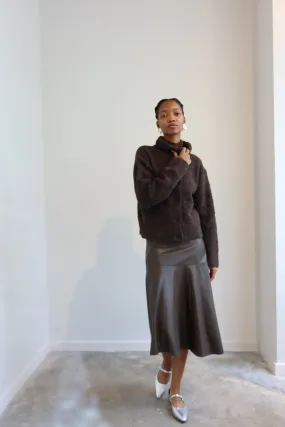 Brown Asymmetrical Vegan Leather Midi Skirt