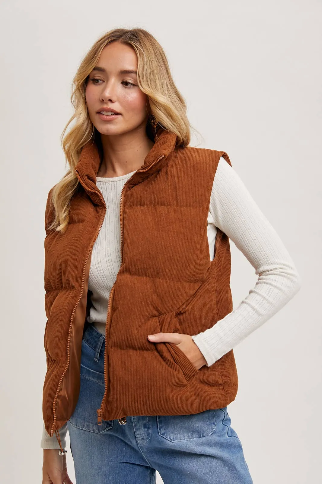 Camel Corduroy Puffer Vest