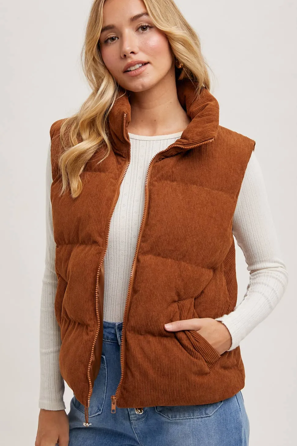 Camel Corduroy Puffer Vest