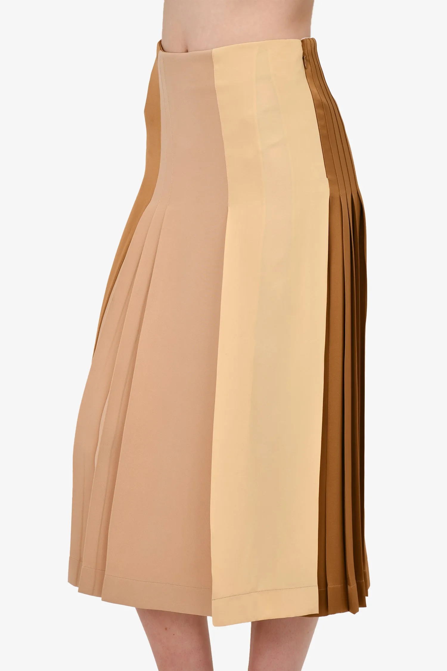 Celine Brown/Yellow Silk Pleated Midi Skirt Size 36