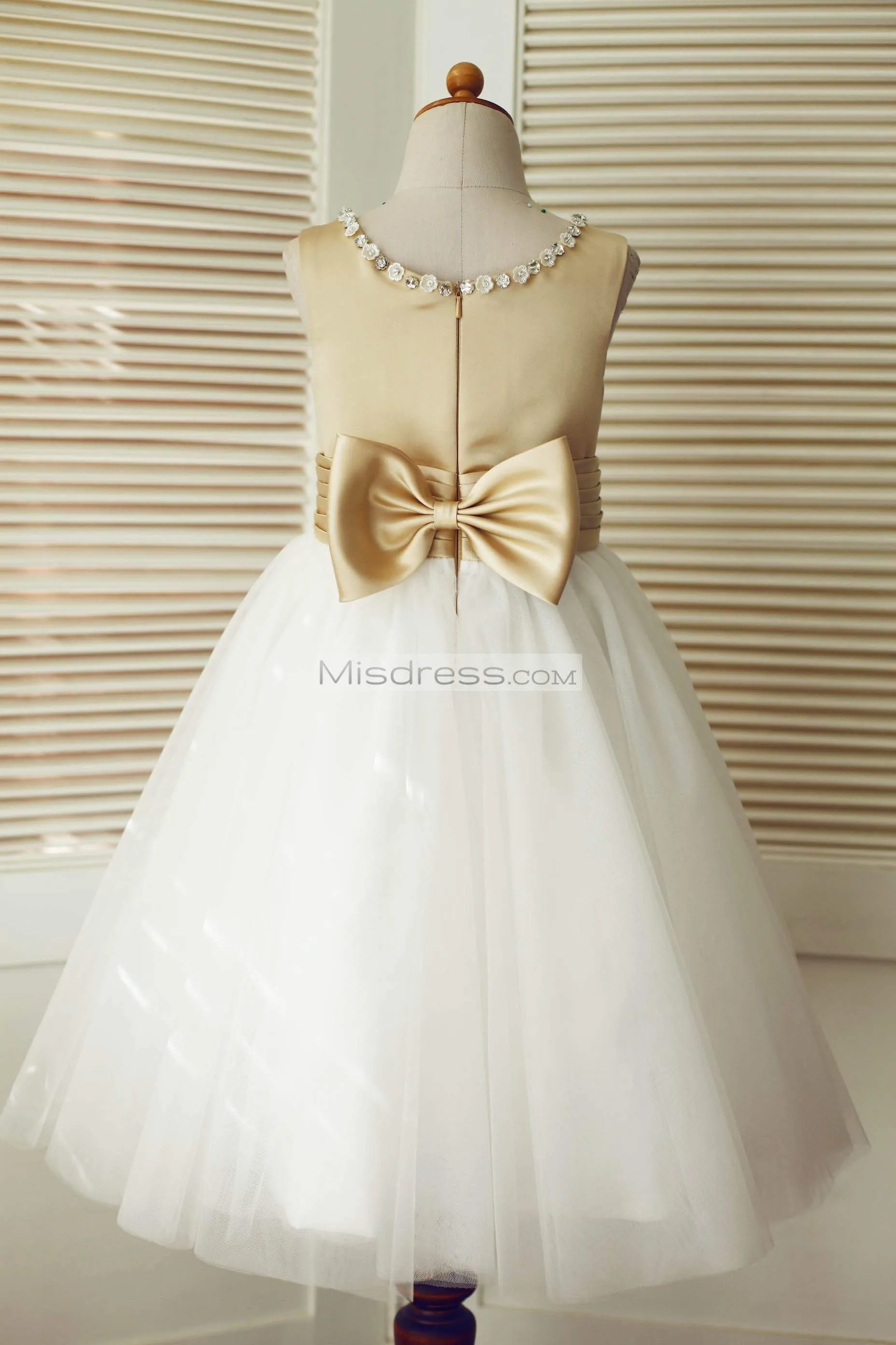 Champagne Satin Ivory Tulle Beaded Neckline Wedding Flower Girl Dress