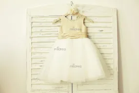 Champagne Satin Ivory Tulle Scoop Neck Flower Girl Dress, Bow