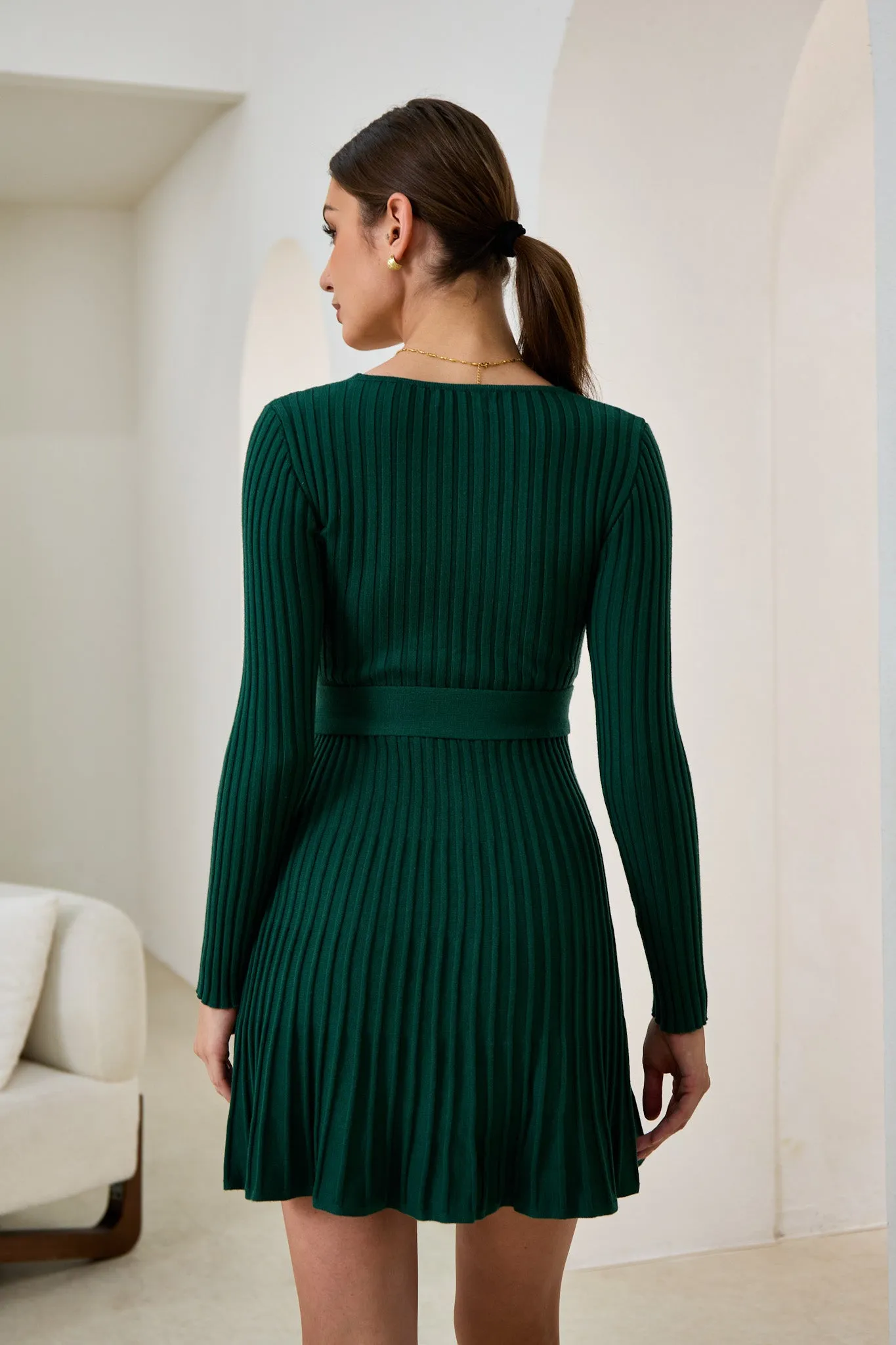 Cina Green Pleated Knit Mini Dress