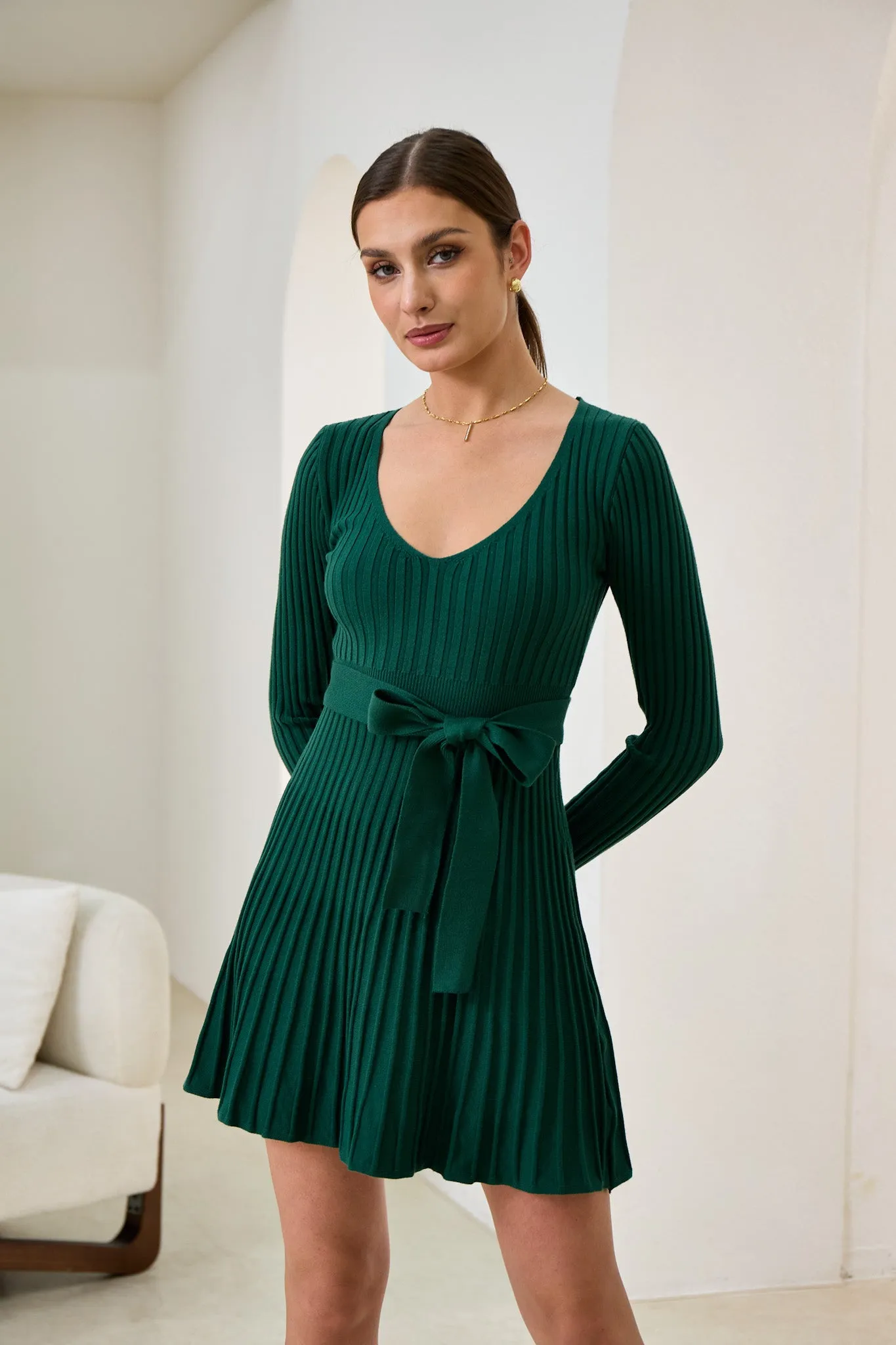 Cina Green Pleated Knit Mini Dress